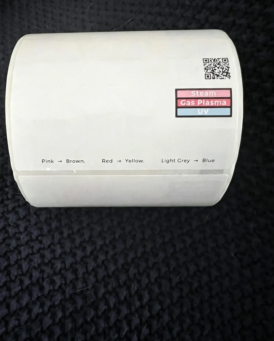 A roll of TriCator production labels showing steam, gas plasma and UV indicator strips