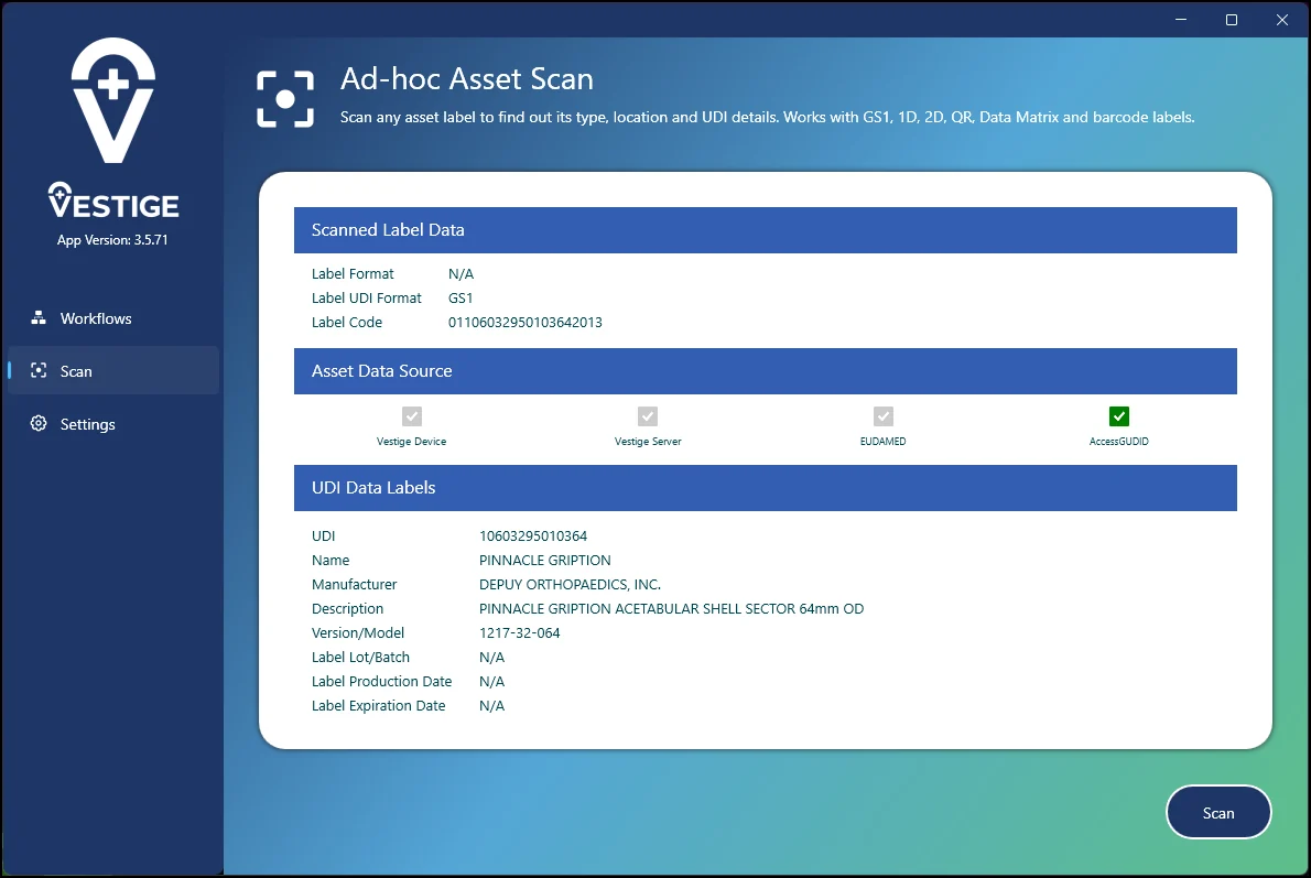Vestige ad-hoc asset scan showing a decoded GS1 label with full UDI details for an orthopaedic implant, and data sources including EUDAMED and AccessGUDID