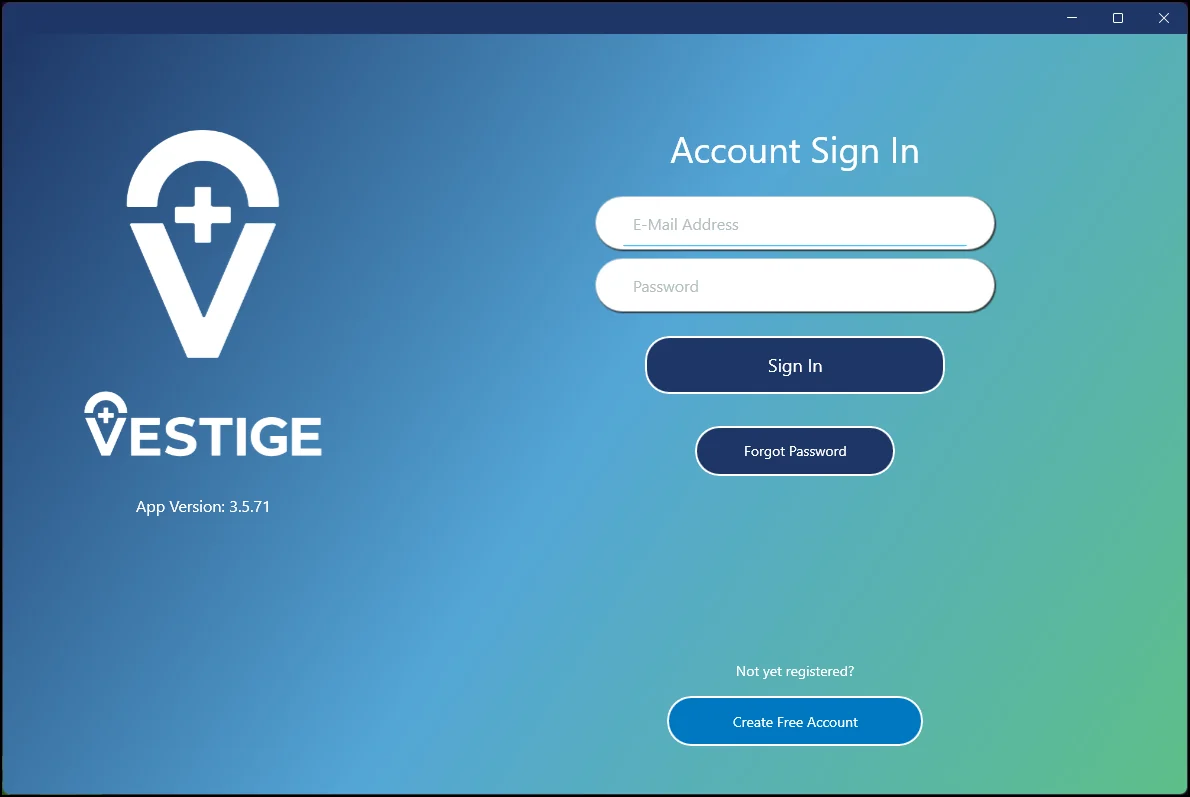 Vestige account sign-in screen